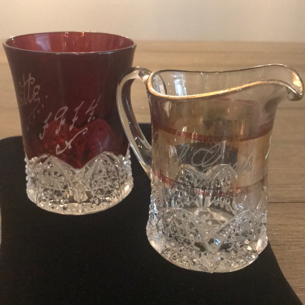 Antique ruby red flash glass 1914 souvenir fair glasses gold hand painted 1919